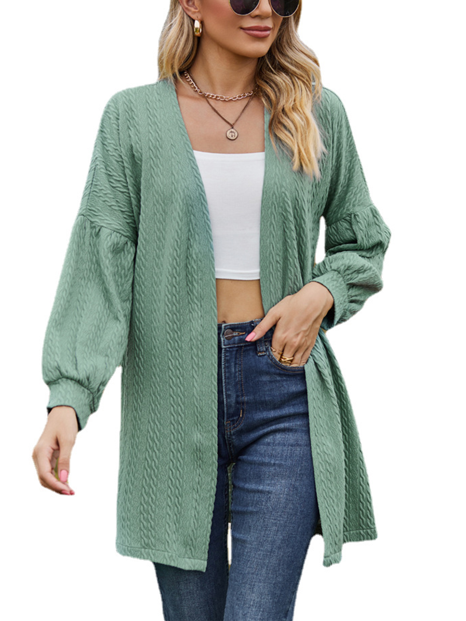 Avamo Ladies Cardigan Open Front Outwear Solid Color Knit Cardigans Lightweight Tunic Tops Work Dark Green XL