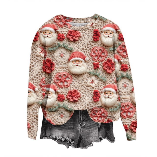 Atogsazn Chandails de Noël pour Femmes Décontractés à Col Rond à Manches Longues Chandail Blouse Hauts Amples Beige TTTG Mode
