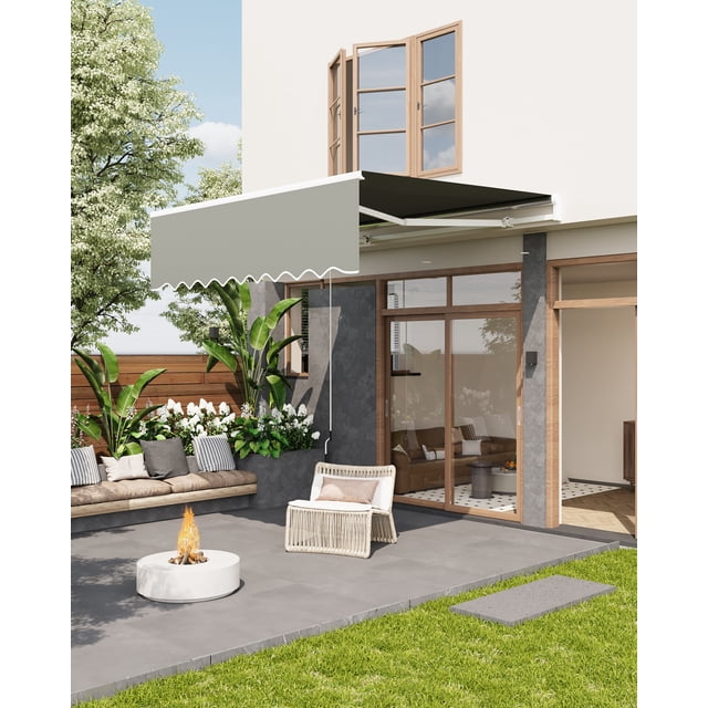 Auvent de Patio Rétractable Manuel – Pare-Soleil Imperméable avec Cadre en Aluminium Durable, Polyester 280 G/m2, Protection UV, pour Terrasse, Véranda, Balcon – Gris, 10x8 Pi