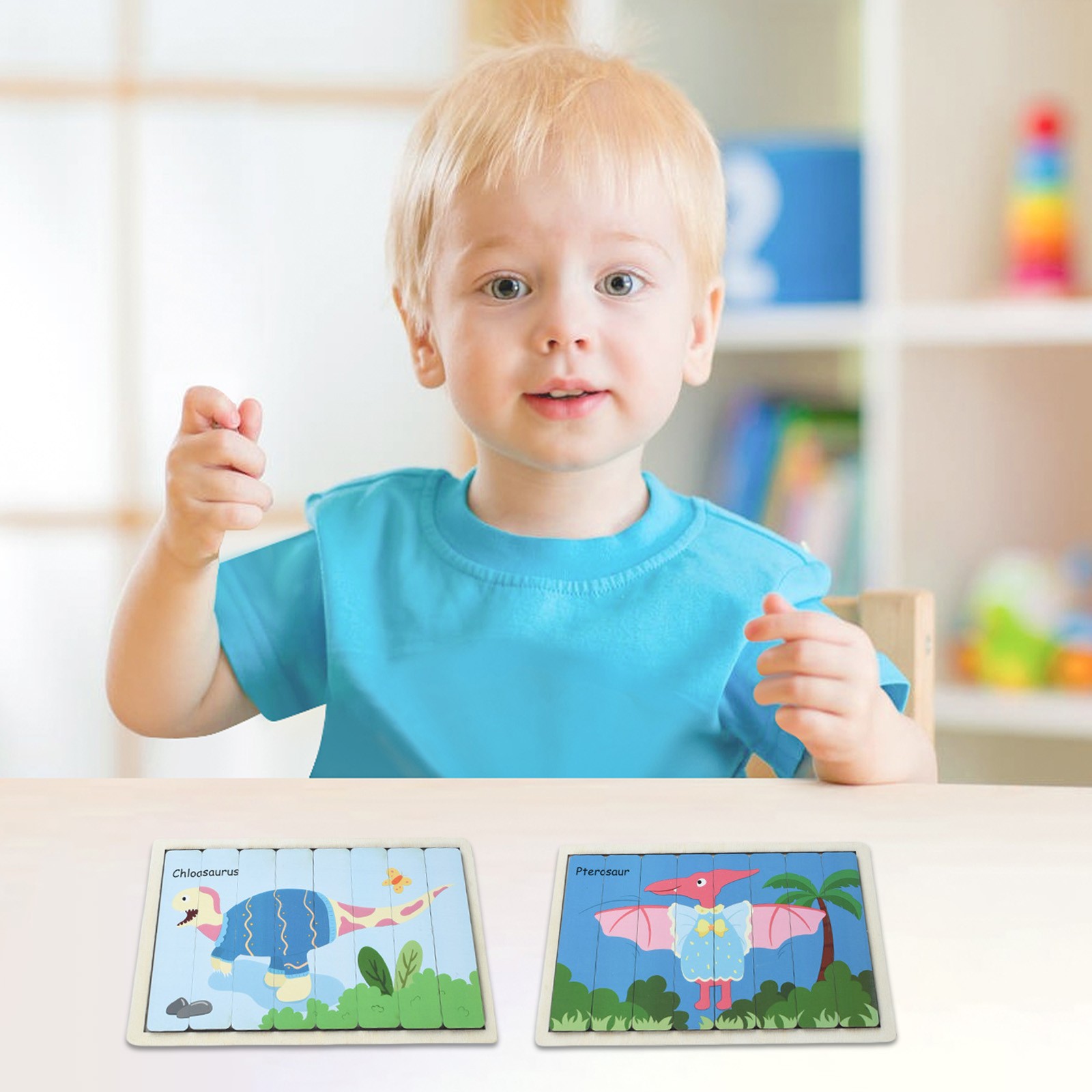 TIMIFIS Woods Puzzle Children's Creatives Strip Puzzle Wooden Dinosaur Animals Pattern Cognition Kindergarten Early Education Puzzle Mobile Puzzle Board Education