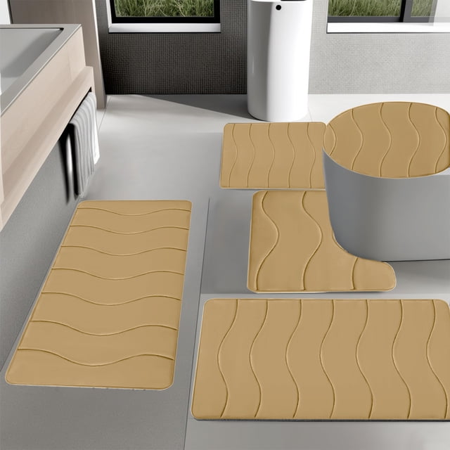 Fridja Bathroom Rugs 5 Piece - Absorbent Memory Foam Bath Mat for Bathroom, Non-Slip, Machine Washable, Dries Quickly, Bathroom Mat Set Khaki