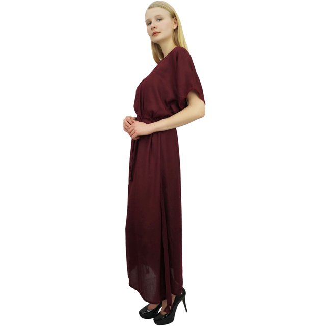 Bimba Robe Longue Décontractée Ample Unie en Rayonne Vin pour Femme avec Cordon de Serrage-16