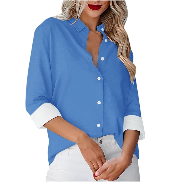 Besolor Button Down Shirts for Women Solid Color Long Sleeve Colared Tops Loose Office Blouses for Casual Work