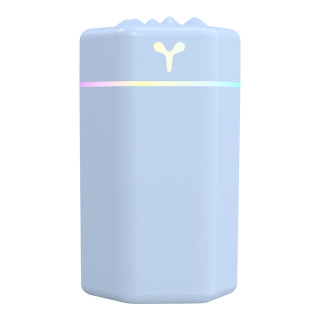 RKSTN Humidifiers for Bedroom Large Room USB Humidifier Portable Mini Household Humidifier. A compact, rectangular humidifier in a light blue finish with a soft, colorful LED light band near the top. Features a 260ml water tank for up to 6 hours of continuous or interval misting. Designed for bedrooms, nurseries, and desktops, it operates quietly and includes a USB power interface for versatile use.