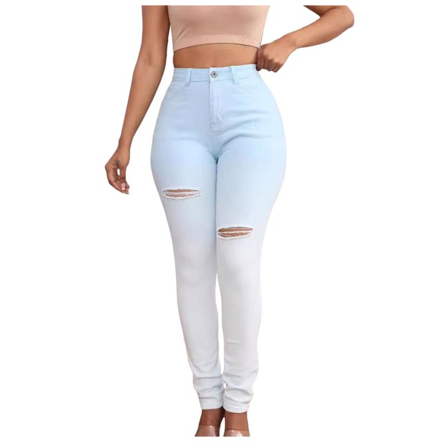 Gubotare Mid Rise Jeans Women's High Rise Skinny Stretch Ripped Jeans High Waisted Destroyed Denim Pants (Light Blue,Size XL)