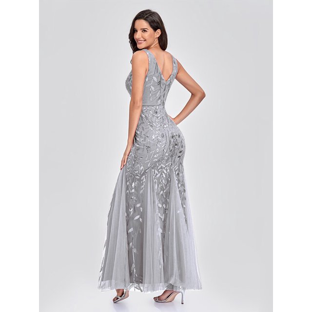 Robes de Cocktail Sans Manches à Col en V en Tulle à Paillettes, Dos en V, Sirène, de Fête et de Bal, Robes pour Femmes, Occasion Formelle, Robe Brodée, Vestioes