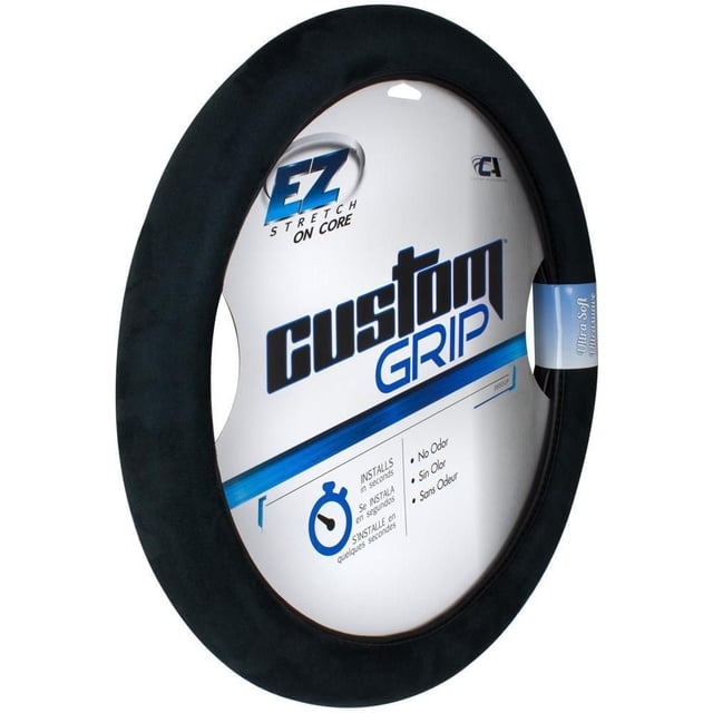 Custom Grip Black Ultra Soft TPE Core Steering Wheel Cover shown front-facing with black ultra-soft textured surface and EZ stretch core for easy installation on steering wheels 14-1/2 to 15-1/2 inches diameter, featuring no odor and quick setup, ideal for automotive interior enhancement.