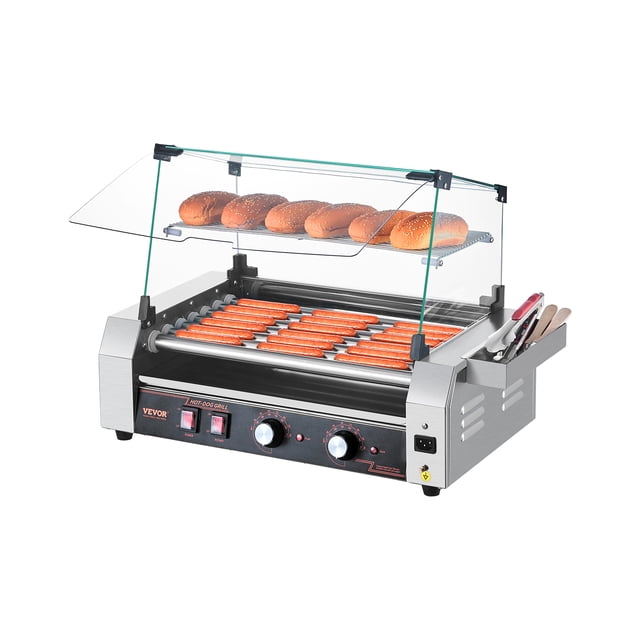 VEVOR Electric 18 Hot Dog 7 Roller Commercial Grill Cooker Machine Cover 1050W. This stainless steel hot dog roller features 7 non-stick rollers that rotate 360 degrees for even cooking, with dual temperature controls for front and back rollers. The machine includes a glass hood for cleanliness and heat retention, a removable grease drip tray for easy cleaning, and a storage box for accessories. Suitable for various occasions like family gatherings, food trucks, and barbecues.