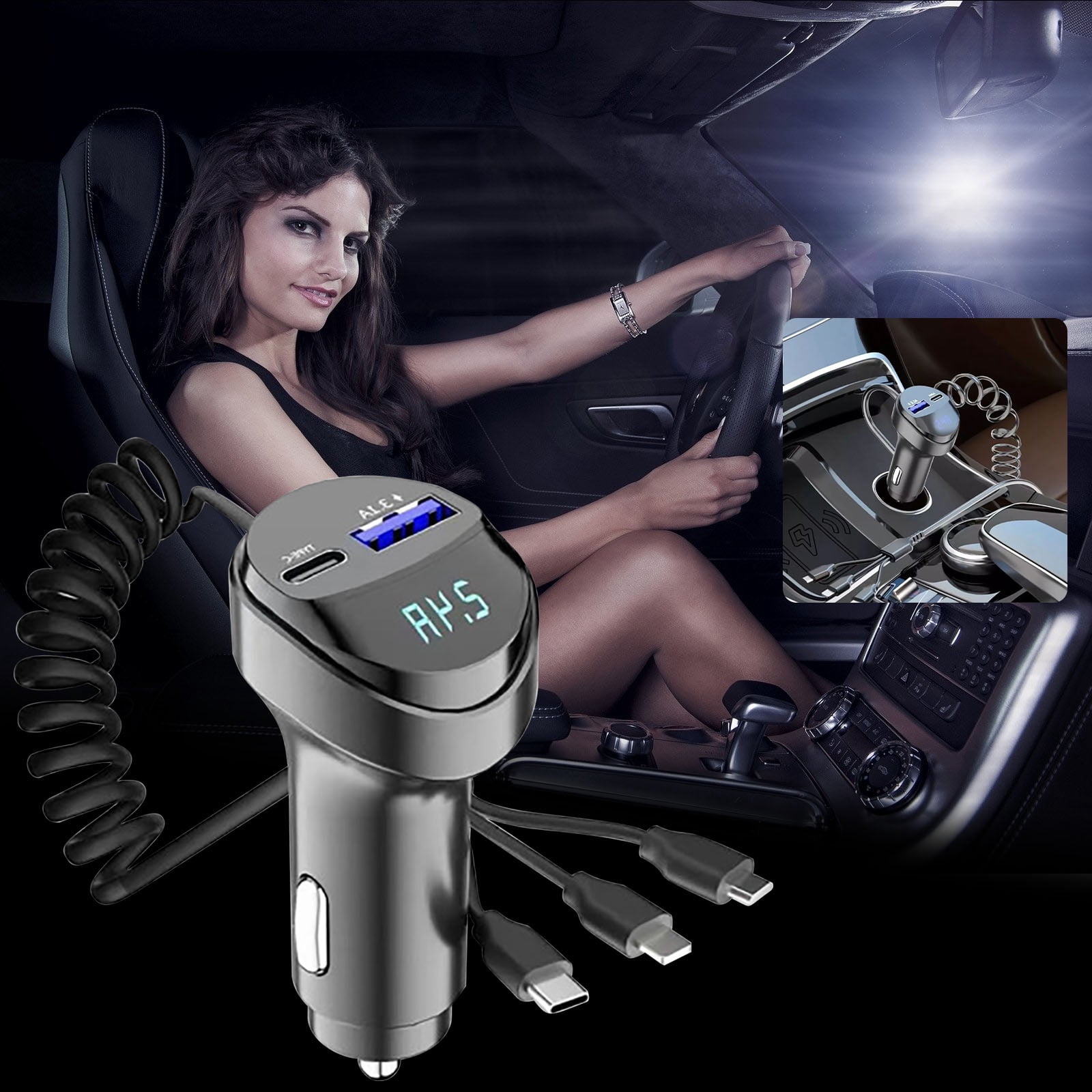 Suncoda Charging Cable, Car Charger Pd Fast Charger Three Adapters Charging Plug Charging Cable High Power Smart Dual USB Car Charger