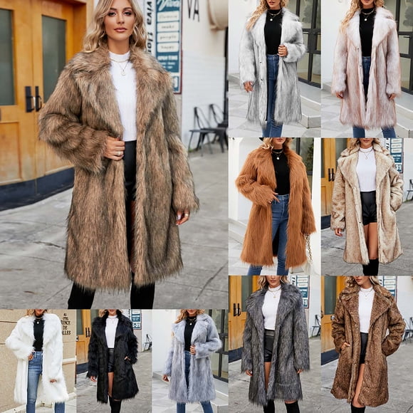 EQWLJWE Women Long White Fluffy Coat Brown Faux Fur Winter Coats for Women Long Soft Coat Warm Gray Faux Fur Jackets Open Front Overcoat Outerwear