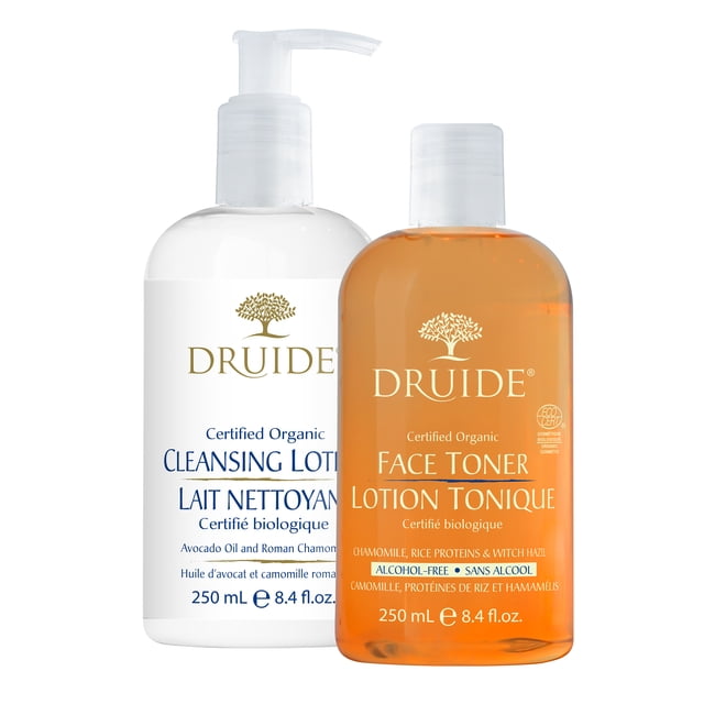 Duo Facial Organic Cleanser & Face Toner saving pack by Druide Laboratories. Includes a 250 mL fragrance-free organic cleansing milk with avocado oil and chamomile for gentle makeup removal, hydration, and facial care, and a 250 mL alcohol-free organic face toner with chamomile, rice proteins, and witch hazel to balance pH, firm pores, and soothe irritation. Ideal for all skin types.
