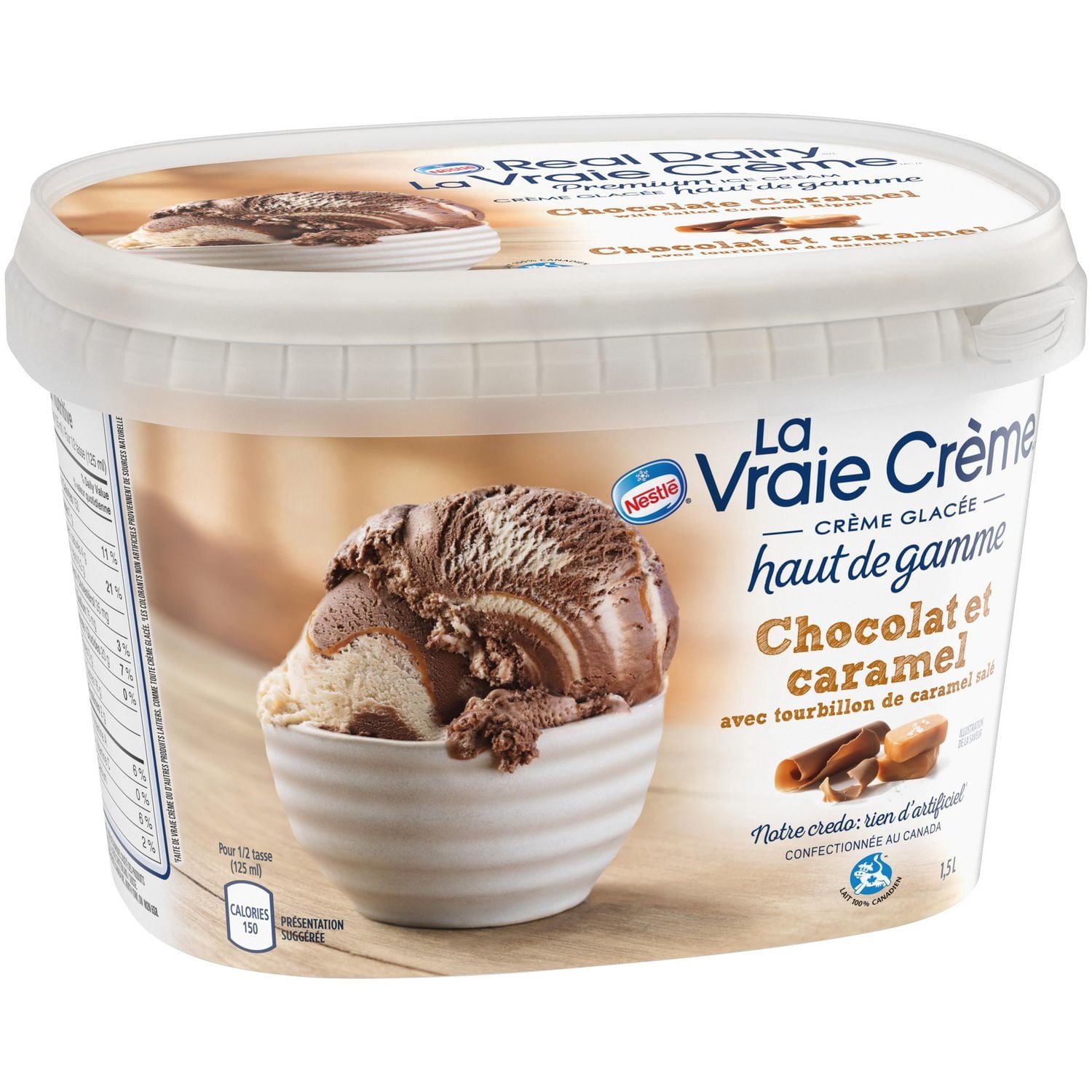 REAL DAIRY® Chocolat Caramel Bac de Crème Glacée de Qualité Supérieure 1,5 L