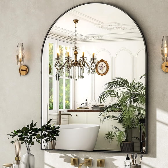 HARRITPURE 30"x40" Arched Bathroom Mirror Arch Vanity Wall Mirror Aluminum Alloy Frame Wall Mounted Mirrors for Living Room Bedroom Entryway,Black,30L x 20W inches