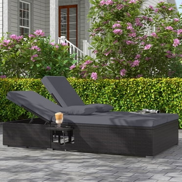 Costway Outdoor Patio Daybed PE Wicker Double Chaise Lounge with Adjustable Backrests Gray,Mix Brown