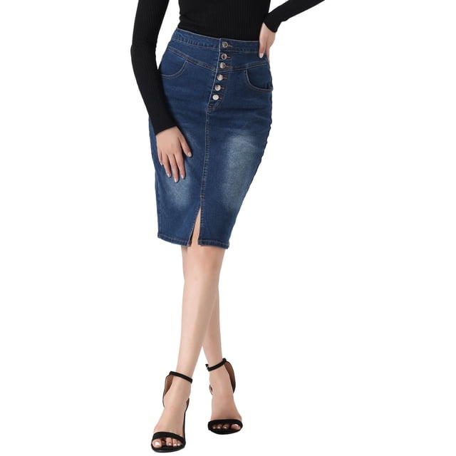 Unique Bargains Jupe en Denim Décontractée pour Femme à Taille Haute avec Fente avant, Extensible, Coupe Trapèze, Bleu Foncé, M