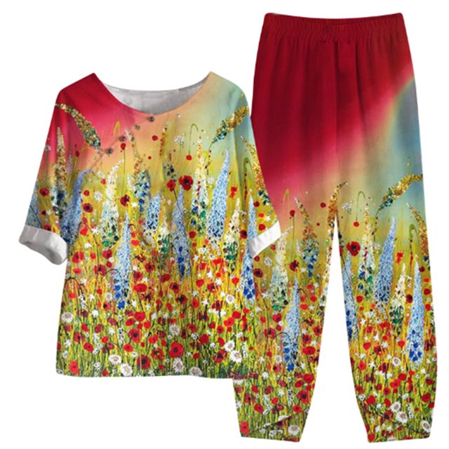 Mikilon Ensemble Élégant pour Femmes 2 Pcs Coton Lin Imprimé Manches Cinq-Quarts Col Rond + Pantalon Décontracté Rouge TG