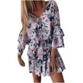 thumbnail image 1 of Fridja Womens V-Neck Frenulum A-Shaped Long Sleeve Print Dress Mini Dress, 1 of 7