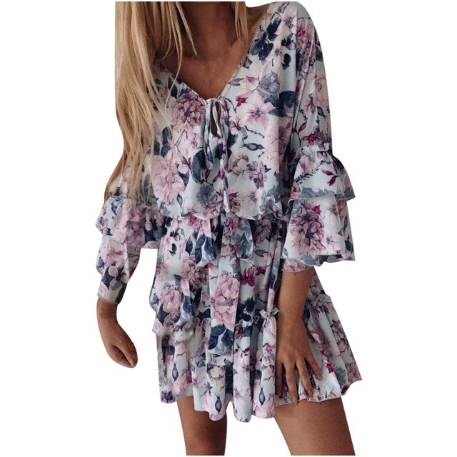 Fridja Womens V-Neck Frenulum A-Shaped Long Sleeve Print Dress Mini Dress