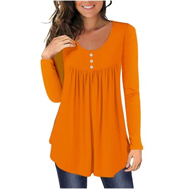 FAIWAD Womens Long Sleeve Tunic Tops Slim Round Neck Buttons Basic Pleated Patchwork Pullover Top