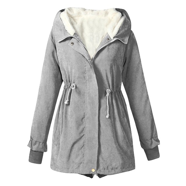 WEIYLL Fleece Jacket Women Warm Solid Color Hooded Zipper Pockets Grey Fall Coats Size S