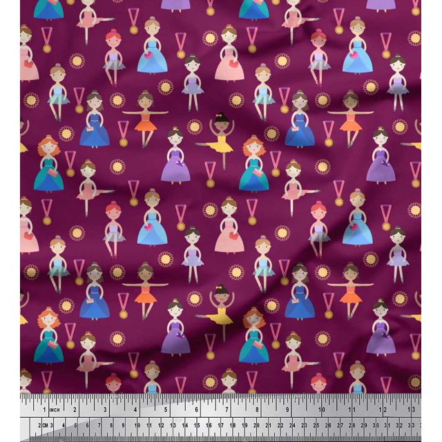 Soimoi Polyester Crepe Fabric Floral,Medal & Girl Cartoon Print Sewing Fabric Yard 42 Inch Wide