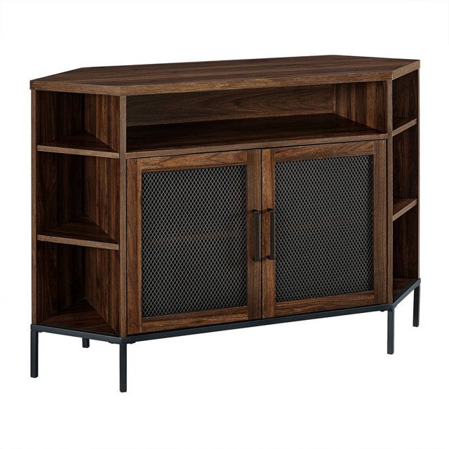 Maverick 48" Industrial Mesh Door Corner TV Stand in Dark Walnut