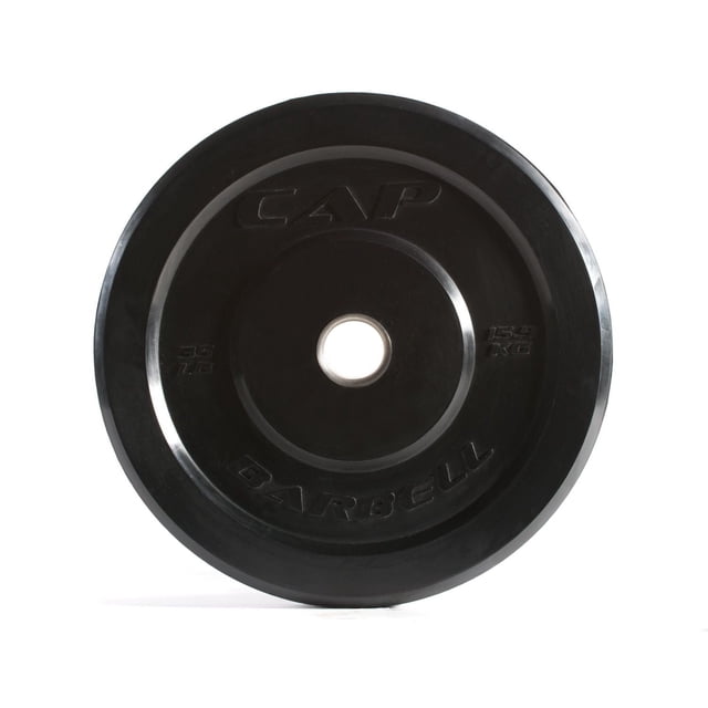 CAP Strength Olympic Rubber Bumper Plate, 35 lb single, front view showing a black rubber plate with steel insert and 2-inch center hole, embossed CAP and BARBELL branding, raised weight markings in pounds and kilograms, ideal for Olympic barbells and cross training.