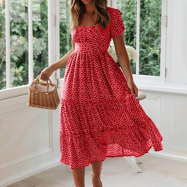 SMihono Robe d'Été pour Women Mode Plus Size Women Été Casual à Col Carré Imprimé à Manches Courtes Robe Ample