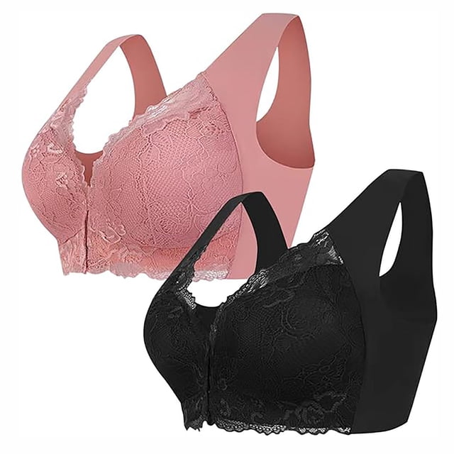 Tumotour 2PC Front Closure Bra for Women No Underwire Comfort Lace Wide Shoulder Strap Bra Full Coverage Seamless Soft Convenient Front Button Bras for Senior Everyday Life Sleep Walking Work