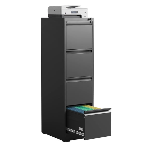 Omethey 4 Drawer Filing Cabinet with Lock, Unassembled Metal Office File Cabinet for Home Office, Tall Vertical Filing Caninets Drawer Cabinet for A4/Letter/Legal Size File Folders(Black)