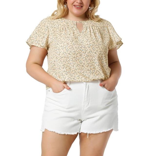 GRACE & GRANDEUR Women's Plus Size Keyhole Neck Short Sleeves Floral Chiffon Shirt Blouses 2X Beige