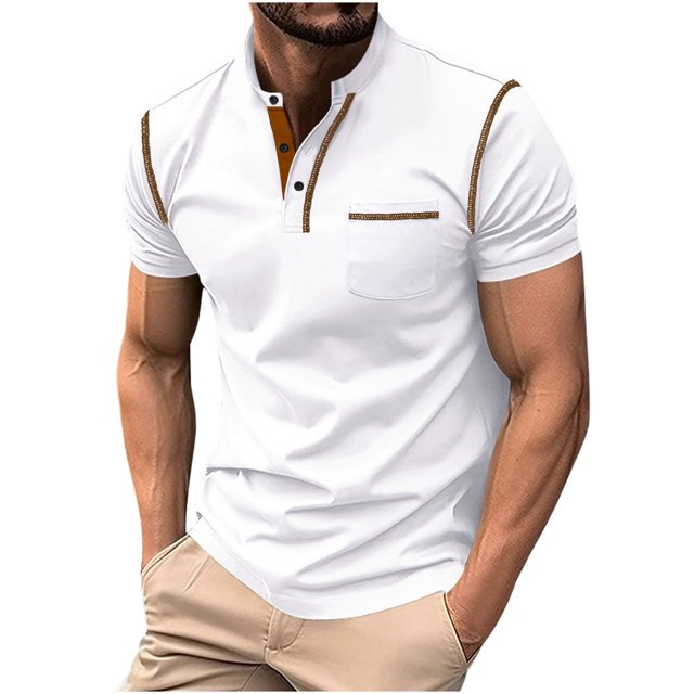 Mens Pullover Stand Collar Button Pocket Short Sleeve Top Sports Stand Collar Top/Shirt