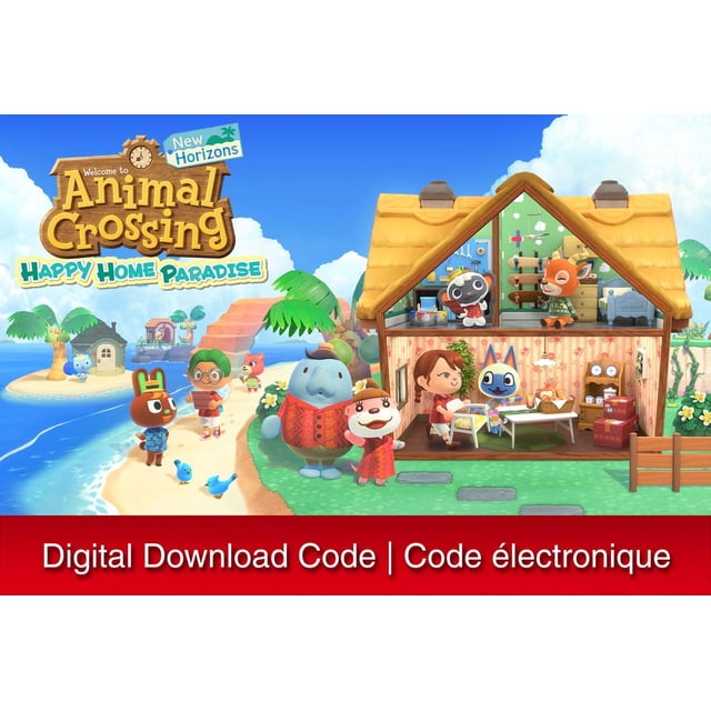 Animal Crossing: New Horizons - Happy Home Paradise - Nintendo Switch digital code featuring colorful animal characters on tropical resort islands and inside a two-story house with detailed vacation home interiors, highlighting custom home design and resort island settings.