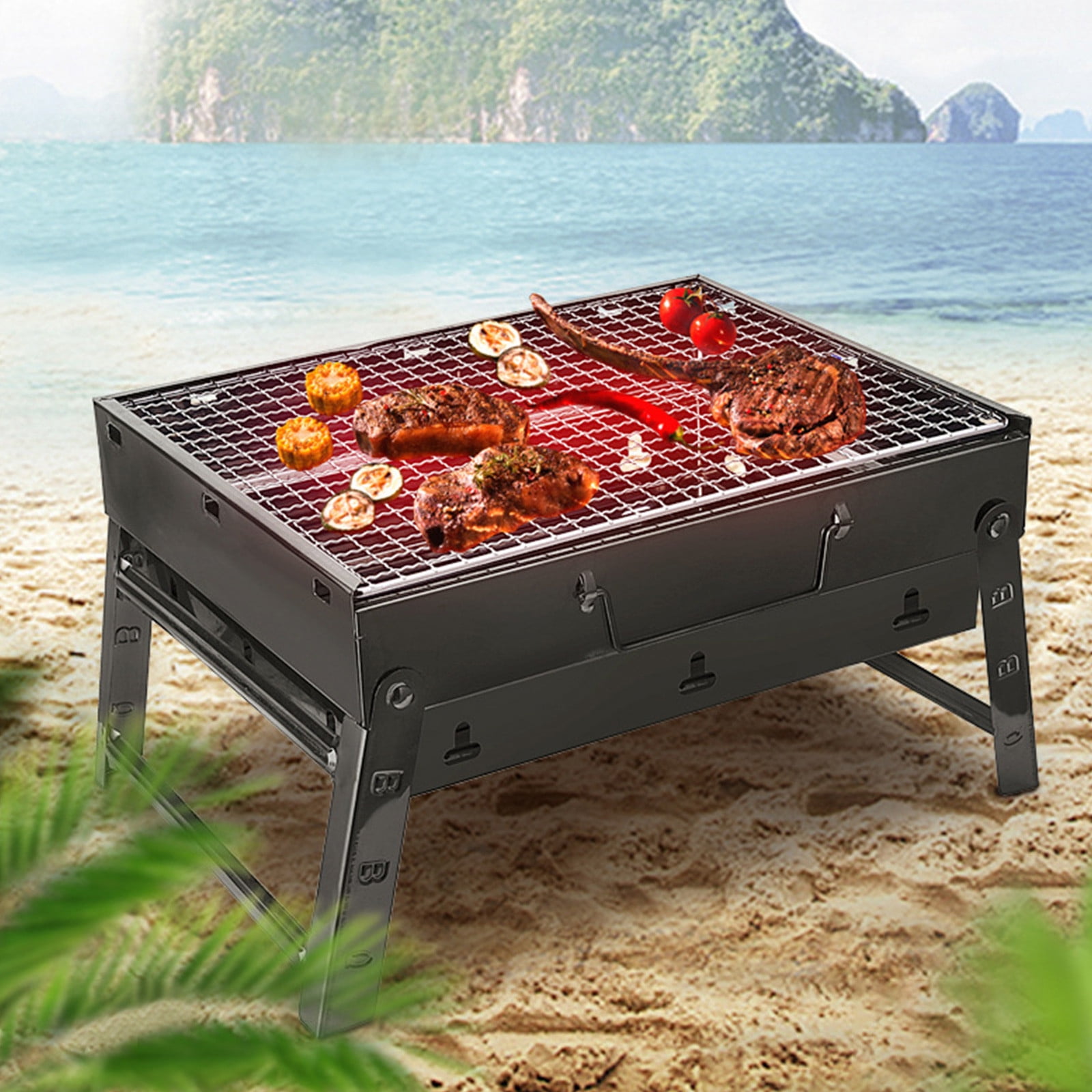 Dvkptbk Foldable Outdoor Bbq Grill with Thickened Grate Thickened Non-Stick Stove for Outdoor Barbecue and Home Cooking 35X27X20Cm/13.78X10.63X7.87In Barbecue Grill Camping & Hiking