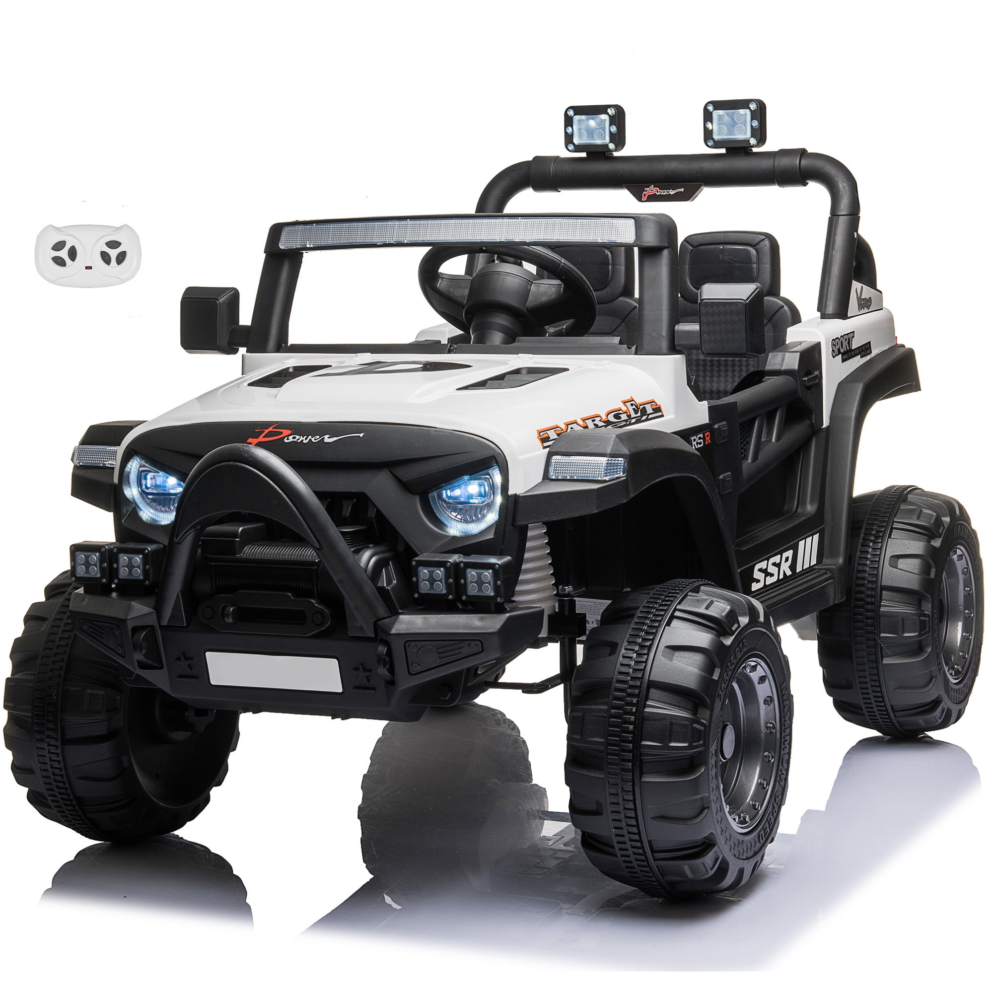 VOLTZ TOYS Jeep with Angry Face Grill 12V Kids Ride On Car Toy with Open Doors, Realistic Lights and Remote Control - White