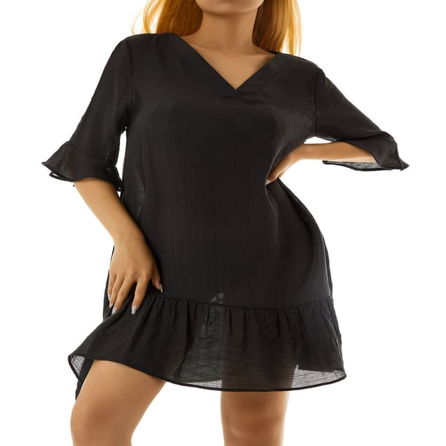 MesaSe Robe de Plage Ample pour Femmes à Manches Courtes, Col en V, Unie, à Volants