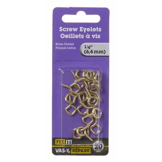 1/4" Brass Plated Screw Eyelets 20 Pieces displayed on a purple card with clear plastic, featuring multiple brass-plated screw eyelets with threaded shanks ideal for picture hanging and light home maintenance, also suitable as economical hooks for wall hangings.