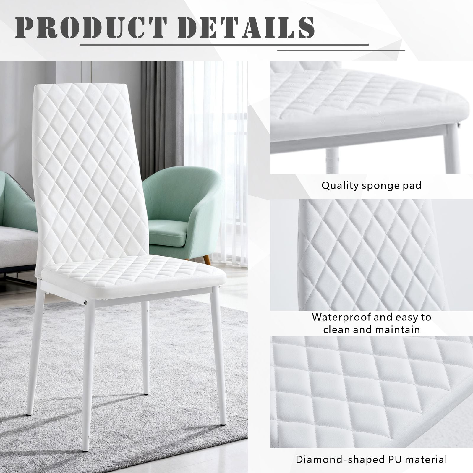 Noble House Modern Dining Chair Set of 4, Fireproof Leather Upholstery with Diamond Grid Pattern and Metal Frame,White