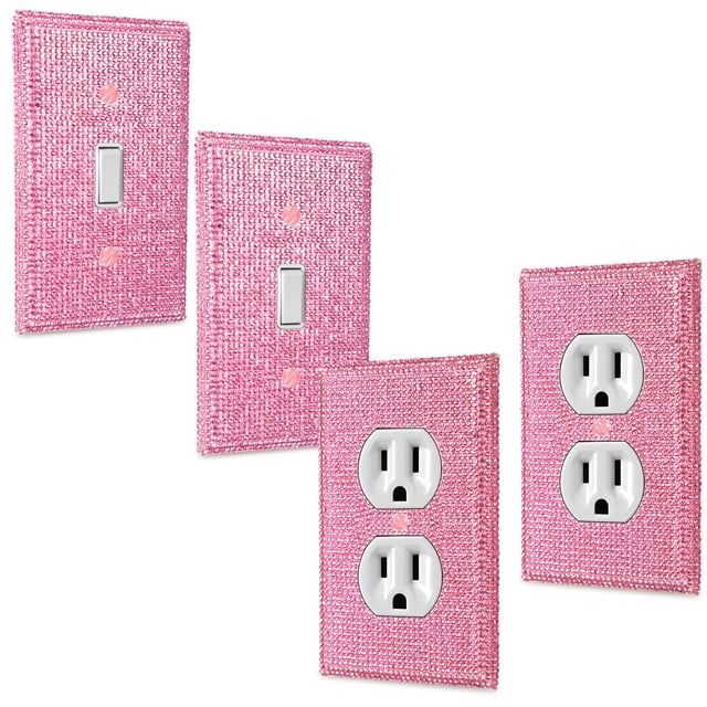 Kanayu 4 Pcs Light Pink Shiny Rhinestones Cover Bling Switch Wall Plate Decorative Includes 2 Duplex Light Plate Switch 2 Single Toggle Socket Outlet Cover 4.5" x 2.8"