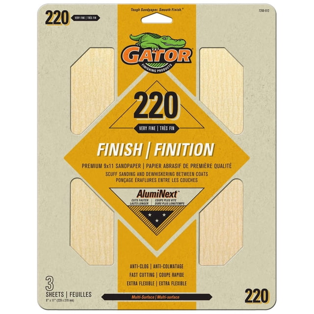 Gator Finishing Sandpaper Sheets, 220 Grit Very Fine, Multi-Surface, 9 x 11 in, 3 pack