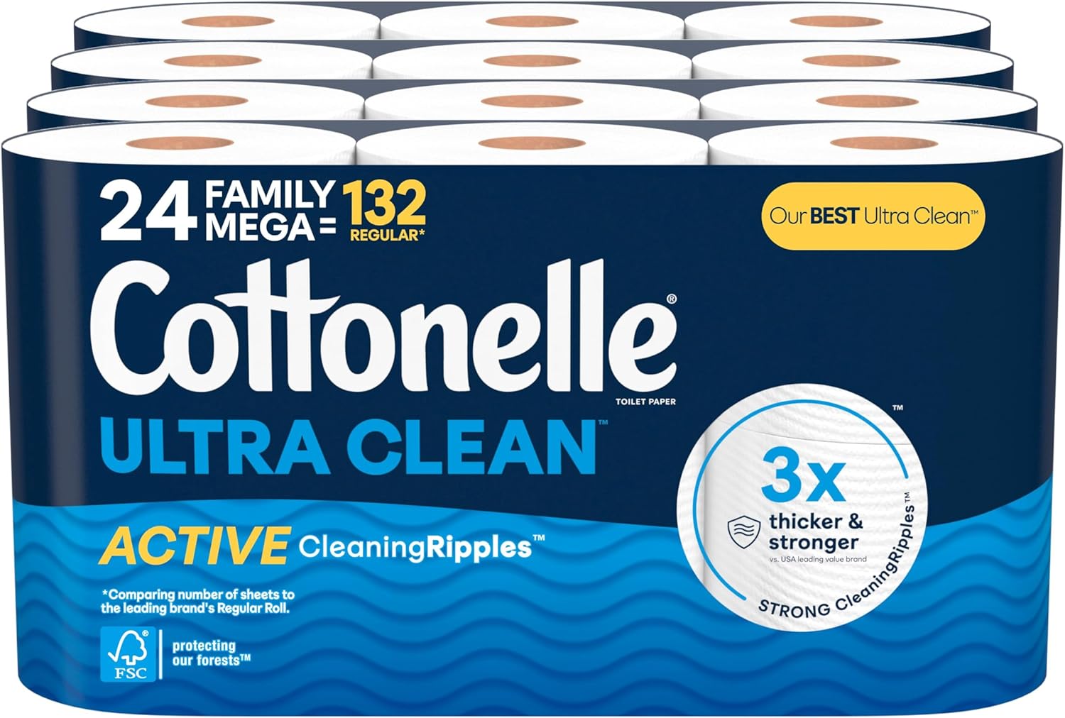 TRAHOO-Ultra Clean Toilet Paper, 24 Family Mega Rolls, Strong Bath Tissue (Equals 132 Regular Rolls)