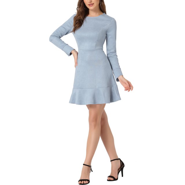 INSPIRE CHIC Robe Élégante à Volants pour Femme en Faux Suède à Col Rond à Manches Longues P Gris Bleu