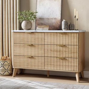 Dressing Fluted pour Chambre avec 6 Des tiroirs profonds, 47.2 dans la poitrine de tiroirs avec plateau en marbre faux, conception de profil courbé, commode en bois moderne, pour le salon, chambre pour enfants, Hallway, Chêne naturel