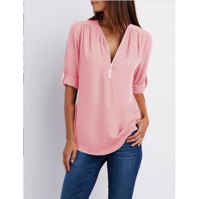 Chemises en Chiffon à Manches Longues pour Femmes, Col en V, Fermeture Éclair, Grande Taille