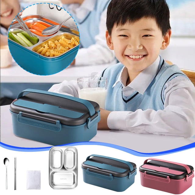 Iumwxz Lunch Box Lunch Bag Portable Stainless Steel Self-Heating Lunch Box in red, featuring a double-layer insulation design, detachable lining, and built-in tableware. The lunch box includes a sealed protective cover with a built-in sealing ring to prevent leakage. It is microwave-safe, refrigerator-compatible, and made with PP5 materials. The image shows the lunch box in use, with compartments holding pasta, vegetables, and other food items. Accessories such as a spoon, chopsticks, and a self-heating bag are also included.