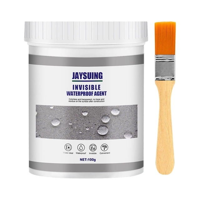 CEHVOM Premium Polyurethane Construction Adhesive Spray Rubber Sealant Coating displayed with a white container labeled 'Invisible Waterproof Agent' and an orange-handled brush. The container highlights water droplet imagery, showcasing its waterproof and rubberized coating features. Ideal for sealing cracks, protecting surfaces, and preventing leaks in home improvement projects.