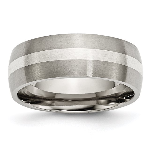 Titanium Sterling Silver Inlay 8mm Brushed Band Ring 12 Size