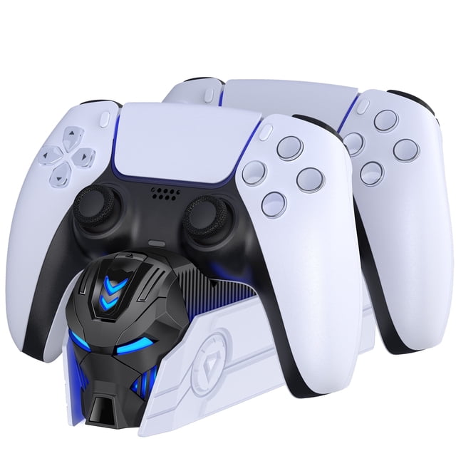 PS5 Chargeur de Manette par GRM, un Accessoire PS5 au design Inspiré des Robots avec des Indicateurs DEL pour l'État de Chargement. Contient Deux Manettes PS5 et Offre une protection Intelligente des Puces contre la Surcharge, la Surchauffe et les Courts circuits. Comprend un Câble USB-C et Sert Aussi d'Organisateur de Bureau.