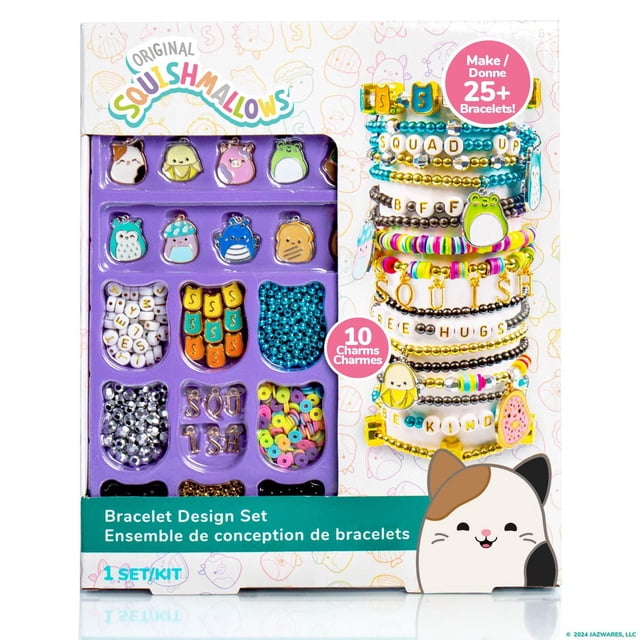 Ensemble de bracelets Originaux Squishmallows avec Plus de 1 000 Perles Multicolores, Breloques de Personnages Squishmallows en Émail, Breloques alphabet Dorées et Cordon Élastique dans un Plateau Violet, Montré avec des Échantillons de bracelets Personnalisés sur la Boîte, Parfait pour les arts et Bricolages pour Enfants et la Fabrication d'Accessoires de Bijoux Personnalisés.