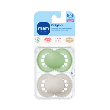 Suce MAM Original Matte (emballage de deux, 1&nbsp;boîtier de stérilisation), suces 6&nbsp;mois et plus, suce pour bébé garçon, meilleure suce pour les bébés allaités, boîtier de stérilisation